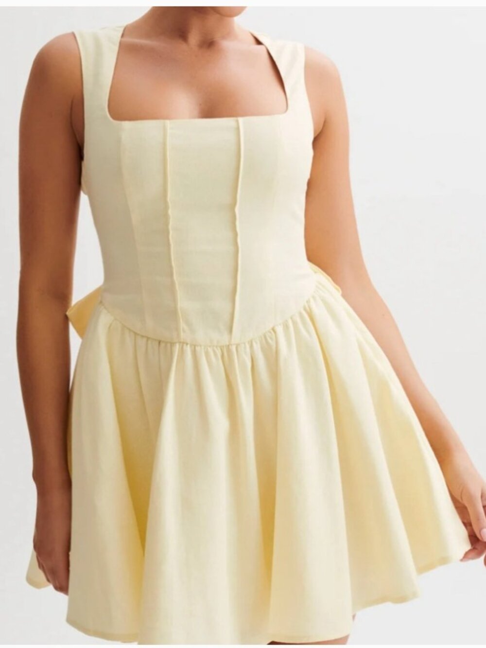 Meshki Marcella Linen Bow Back Mini Dress - Lemon Sherbet